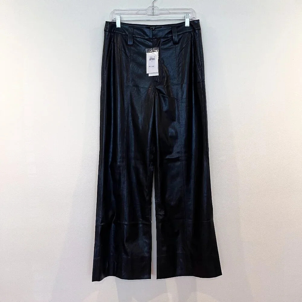 7 For All Mankind Black Vegan Faux Leather Wide Leg Classic Trouser Pants 27 NWT - Picture 2 of 13